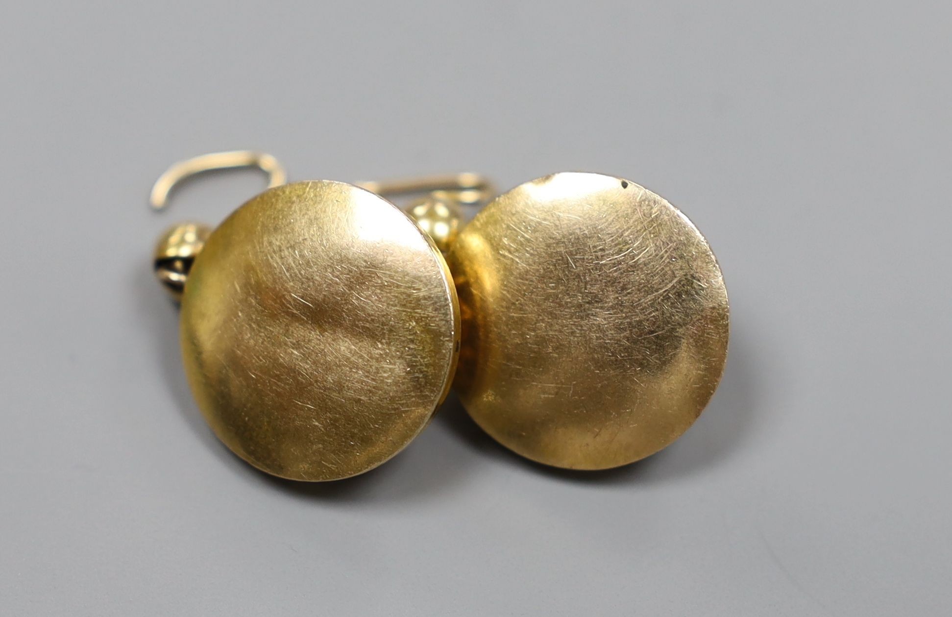 A pair of Victorian yellow metal circular drop earrings, 17cm, 6.1 grams.